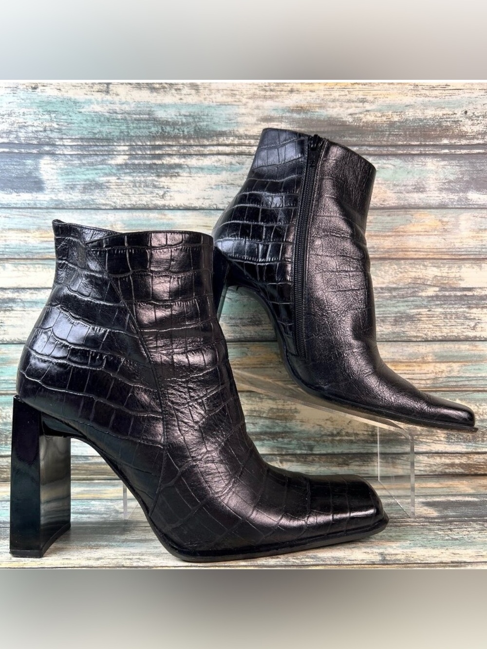 Bebe Ankle Boot Womens 11M Black Croc Print Leather Square Toe Club Edgy Modern